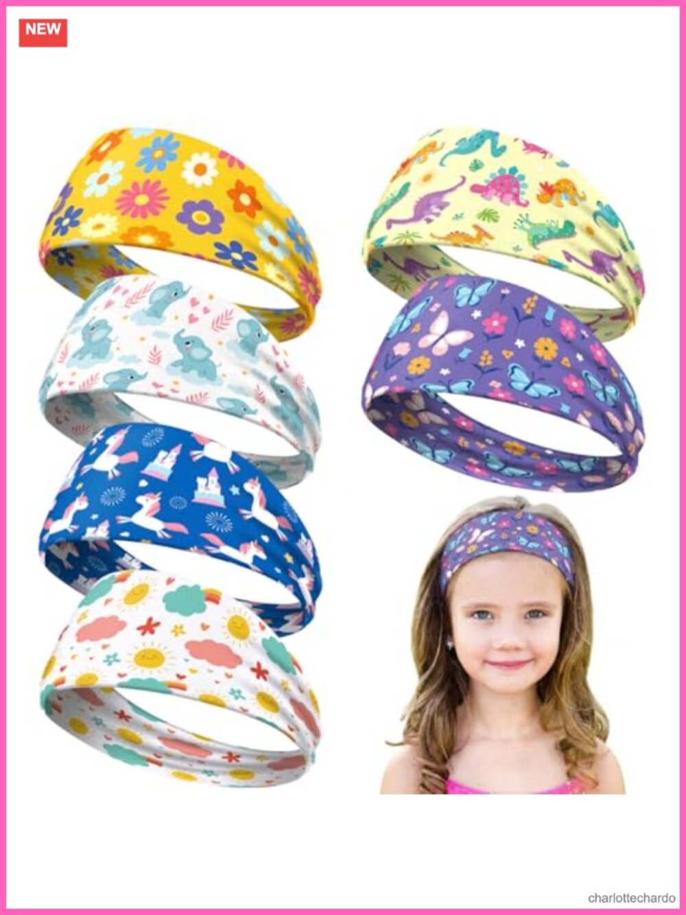 6 Pc Elastic Non Slip Headbands for Girls Unicorn Rainbow Print, Soft Fabric